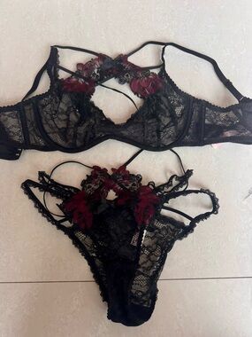 Agent Provocateur Black & Burgundy Lace Embroidered Underwire Bra & Panty Set